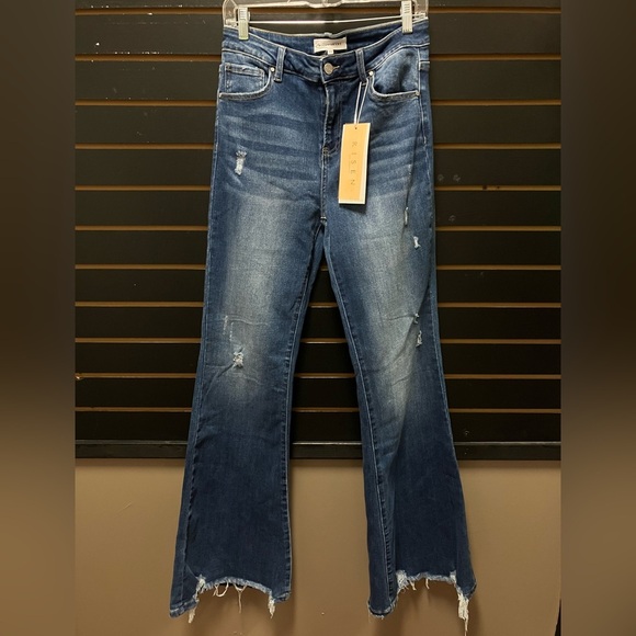 Risen Los Angeles Jillian H/R Distressed Flared Dark Jeans - Picture 1 of 6